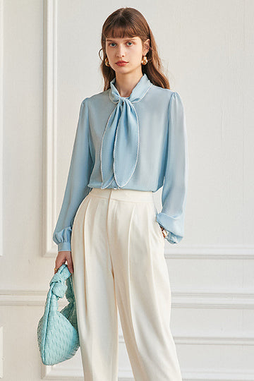 Sky Blue Silk Women Blouse with Bowknot
